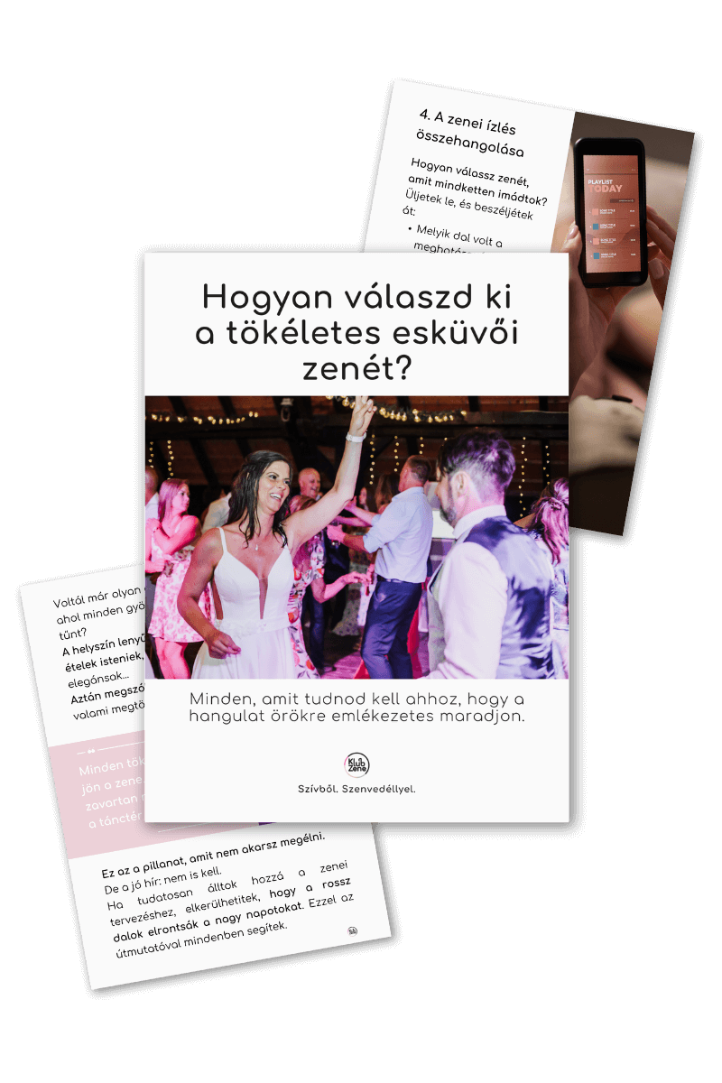 Ingyenes "Zenék esküvőre" eBook borítója és tartalma – hasznos tippek a tökéletes esküvői zenéhez.
